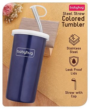 Babyhug Stainless Steel Tumbler with Straw  450 ml, Blue | Leak-Resistant | BPA Free | Silicone Straw | Dishwasher Safe | Travel Friendly
