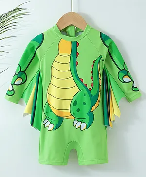 Kookie Kids Full Sleeves Legged Swimsuit Dino Print - Green