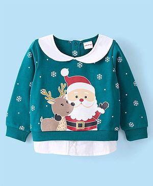 Babyhug Cotton Knit Full Sleeves Sweatshirt With Christmas Theme Graphics - Green