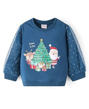 Babyhug Cotton Full Sleeves Sweatshirt With Christmas Graphics Foil Print & Mesh Detailing - Navy Blue