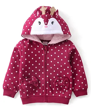 Babyhug Cotton Knit  Full Sleeves Polka Dots Printed with 3D Applique Detailing Hooded Sweat Jacket with Zipper - Maroon
