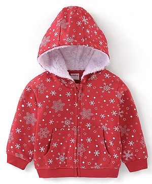 Babyhug Cotton Knit Full Sleeves Sweatjacket With Zipper & Hood Snow Print - Red