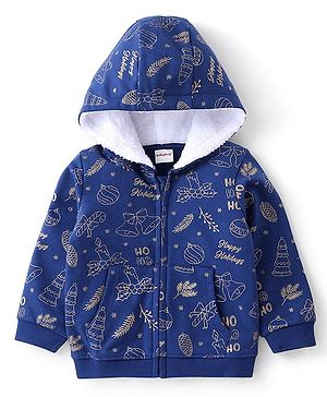 Babyhug Cotton Knit Full Sleeves Foil Printed Medium Winter Sweat Jacket with Hood - Navy Blue