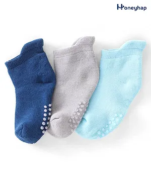 Footprints Pack Of 3 Organic Cotton Striped & Vehicle Printed Anti Skid  Socks - Blue White Green