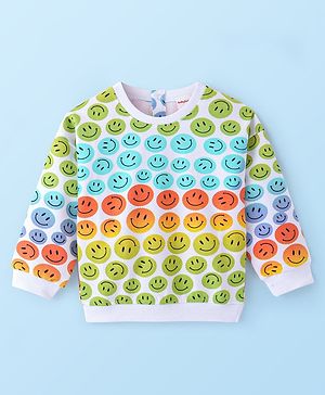 Babyhug Cotton Knit Full Sleeves Drop Shoulder Sweatshirt With Smiley Print - White