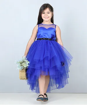 Toy Balloon Sleeveless Sequin Band & Flower Applique Embellished Fit & Flare Mesh Layered High Low Dress - Blue