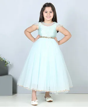 Toy Balloon Cap Sleeves Floral Swirl Designed Yoke Detailed Fit & Flare Gown - Sky Blue