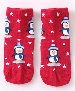 Mustang Cotton Ankle Length Socks With Penguin Print - Red
