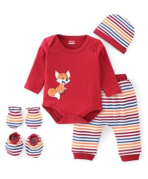 Babyhug 100% Cotton Interlock Knit Full Sleeves Onesies With Leggings Cap & Mittens Booties Stripes & Fox Print - Red