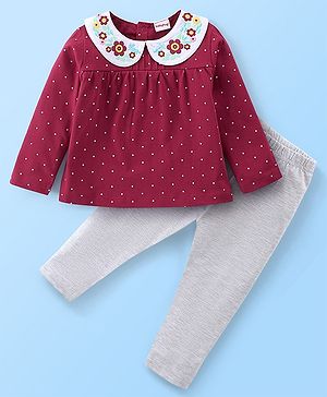 Babyhug Full Sleeves Knit Top With Flower Applique and Legging Set - Maroon & White