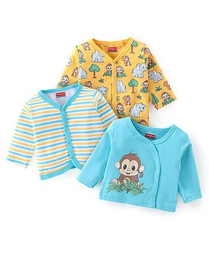 Babyhug 100% Cotton Interlock Knit Full Sleeves Vests Stripes and Animal Print Pack of 3 - Yellow & Blue