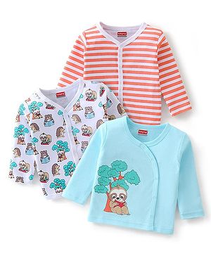 Babyhug 100% Cotton Knit Full Sleeves Front Open Vest Sloths Print Pack of 3 - Multicolour