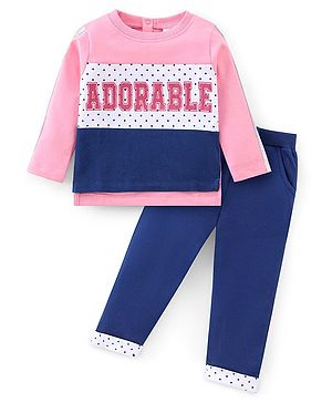 Babyhug 100% Cotton Full Sleeves Text Printed Top and Lounge Pant - Pink & Blue