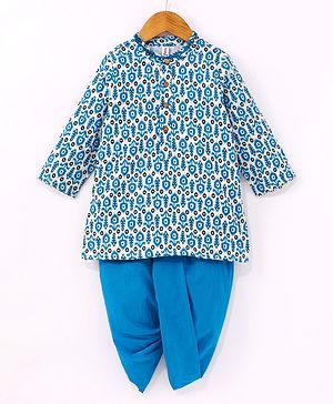 Babyhug 100% Cotton Full Sleeves All Over Floral Printed Dhoti Kurta Set- Blue
