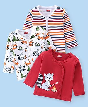 Babyhug 100% Cotton Full Sleeves Front Open Vest Foxy Printed Pack of 3 - Red & White