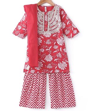 Babyhug 100% Cotton Three Fourth Sleeve Floral Printed Kurti with Gharara and Dupatta - Coral