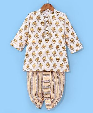 Babyhug Cotton Woven Full Sleeves Floral Printed Kurta & Dhoti Set - Off White