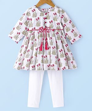 Babyhug  Cotton Three Fourth Sleeve Floral Printed Kurta with Leggings  - Off White