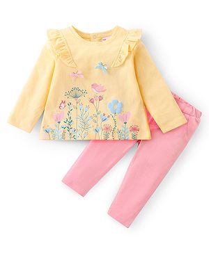Babyhug Cotton Full Sleeves Top & Leggings Set Floral Print- Yellow & Pink