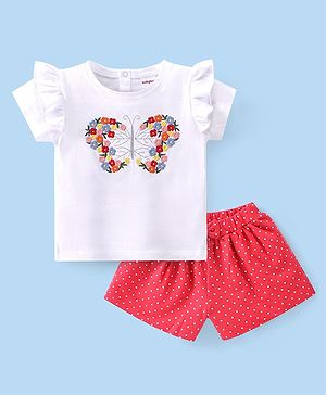 Babyhug Cotton Half Sleeves Top & Shorts Set Floral Embroidery- White & Red