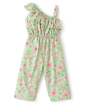 Babyhug 100% Cotton Knit Yarn Dyed Sleeveless Jumpsuit with Floral Print - Green