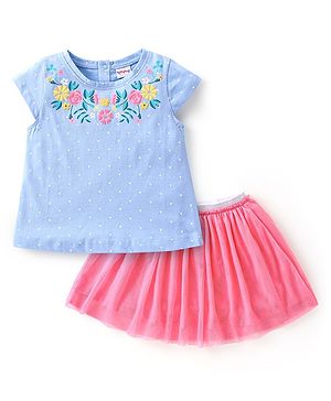 Babyhug Cotton Half Sleeves Top & Skirt Set Floral Print- Blue & Pink