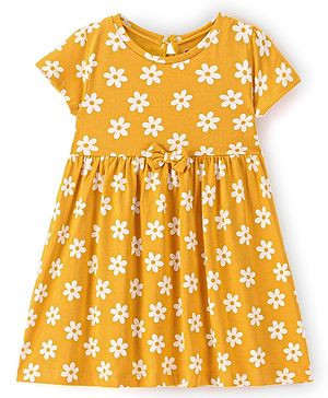 Babyhug 100% Cotton Knit Short Sleeves Dress with Bow Flowers Print - Yellow