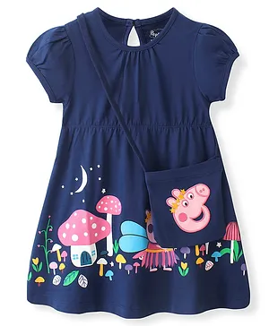 Babyhug 100% Cotton Short Sleeves Knit Peppa Pig Dress With Sling Bag - Navy