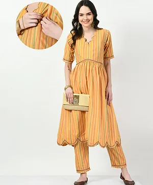 Mometernity Half Sleeves Laced Detailed And Striped Maternity And Nursing Kurta With Pant - Mustard Yellow