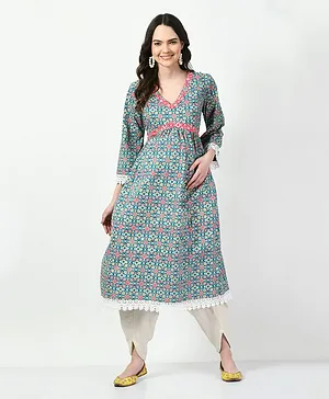 Mometernity Three Fourth Sleeves Moroccan Print Maternity Kurta - Turquoise Blue