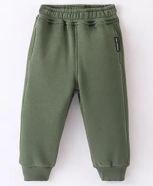 Little Kangaroos Cotton Knit Full Length Solid Fleece Pant - Olive Green