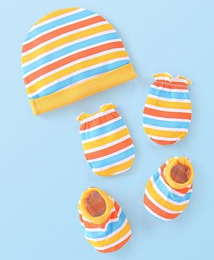Babyhug 100% Cotton Cap Mittens And Booties Striped - Yellow
