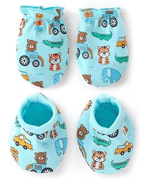 Babyhug 100% Cotton Mittens and Booties Wild Animals Print - Blue