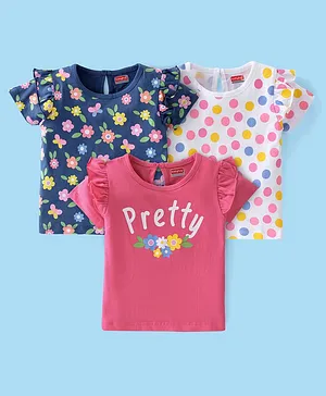 Babyhug Cotton Knit Half Sleeves Floral Print Tops Pack of 3 - Pink Blue & White