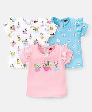 Babyhug 100% Cotton Knit Half Sleeves Tee With Floral Graphics & Frill Detailing Pack Of 3- Multicolour