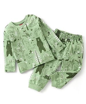 Babyhug Single Jersey Cotton Knit Full Sleeves Wild Animals Printed Night Suit - Green