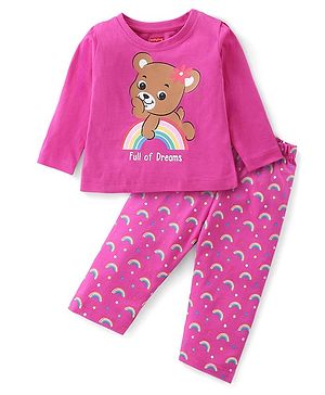 Babyhug Cotton Knit Single Jersey Full Sleeves Night Suit With Teddy & Rainbow Print - Pink