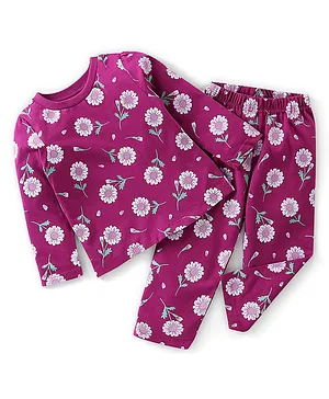 Babyhug Cotton Knit Full Sleeves Night Suit Floral Printed - Purple