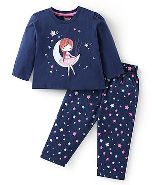 Babyhug Cotton Knit Single Jersey Full Sleeves Night Suit With Star Print - Navy Blue