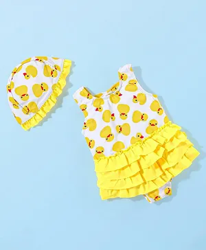 Babyhug Sleeveless  Layered Frock Style Swimsuit with Cap Duck Print - Yellow