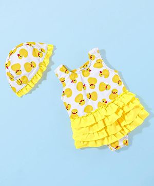 Babyhug Sleeveless  Layered Frock Style Swimsuit with Cap Duck Print - Yellow