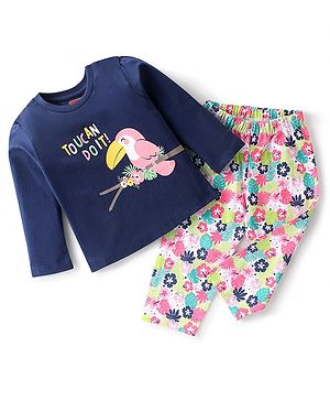 Babyhug Cotton Knit Full Sleeves Night Suit With Tropical Toucan Print - Navy Blue & Pink