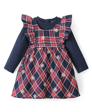 Babyhug Cotton Short Sleeves Checks Frock with Bow & Leggings