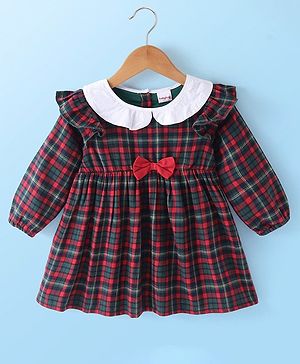 Babyguh Yarn Dyed Lurex Checks Full Sleeves Dress with Bow - Green & Maroon