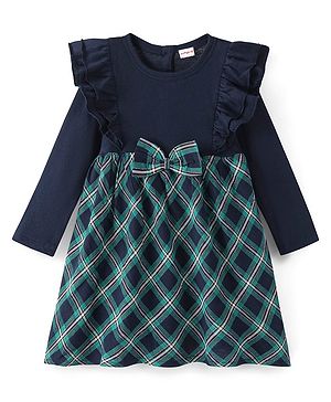 Babyhug Cotton Knit Yarndyed Full Sleeves Frock With Bow Applique Checkered - Green & Blue