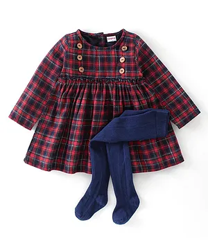 Babyhug Cotton Yarn Dyed Full Sleeves Check Dress with Stocking - Red