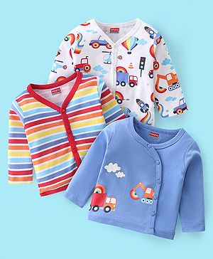 Babyhug 100% Cotton Full Sleeves Front Open Vests Stripes & Train Print Pack of 3- Blue Red & White