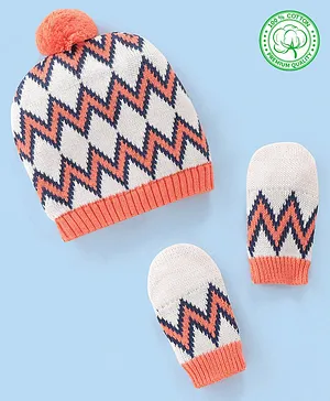 Babyhug 100% Organic Cotton Knit Cap With Mitten Chevron Print - Orange