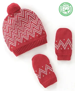 Babyhug 100% Organic Cotton Knit Pom Pom Cap With Mitten Chevron Print - Red