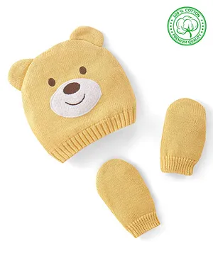 Babyhug 100% Organic Cotton Knit Woollen Cap and Mitten Set Bear Design - Yellow